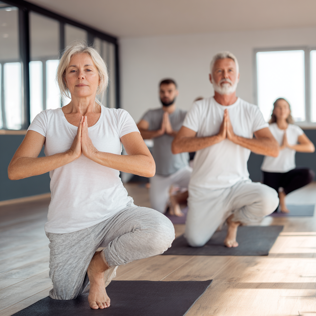 Group of white ukranian middle-aged adults practicing yoga together in peaceful studio environment