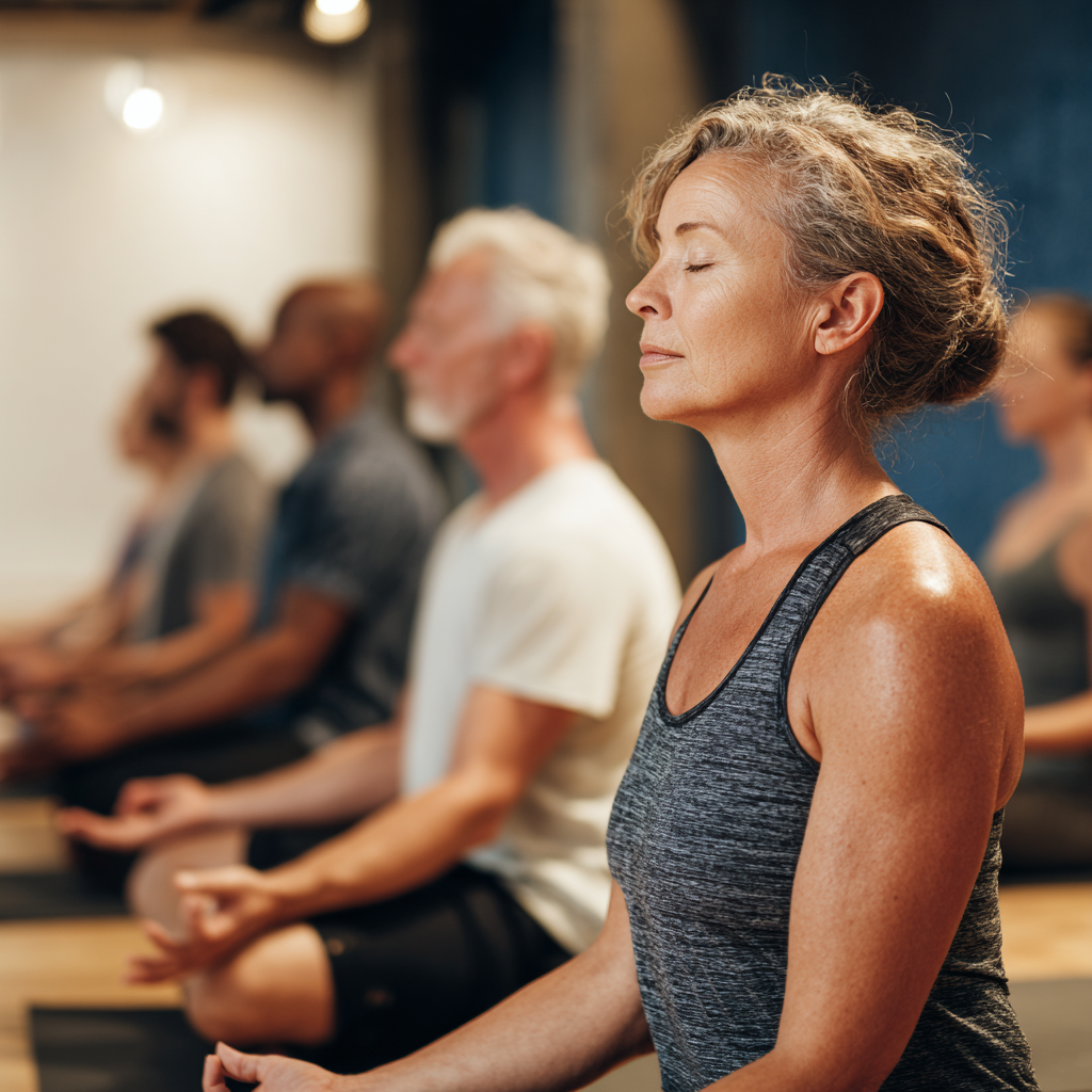 Peaceful yoga studio with middle-aged practitioners in meditation pose